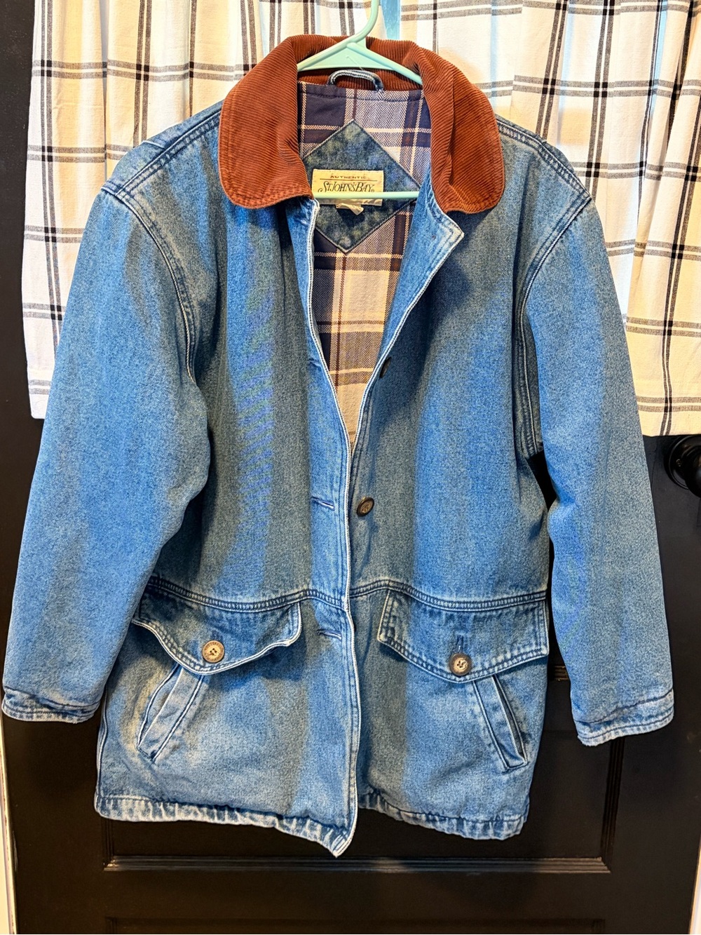 St. John's Bay Denim Barn Coat Plaid Flannel Lining Corduroy Collar